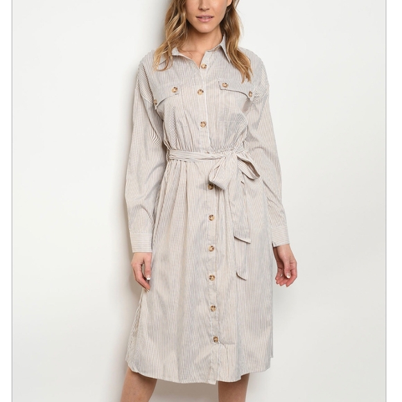 LAST ONE❗ESSUE Taupe Pinstripes Long Midi Shirt Dress - Picture 2 of 7